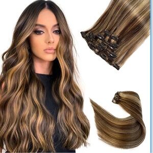 Clip in Hair Extensions Remy Human Hair 7 Pcs 70g Silky Straight 22 Inch #4-27